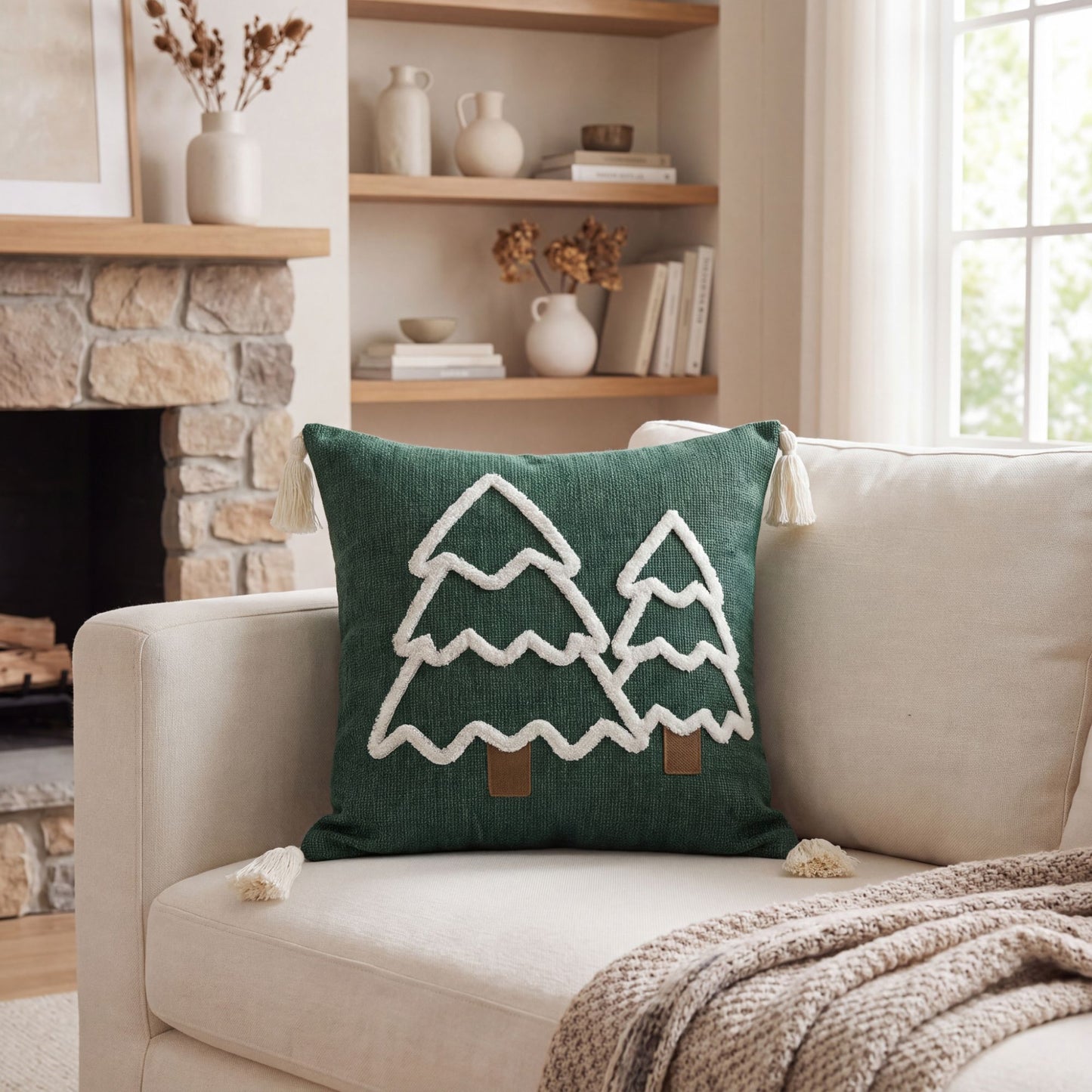 Christmas Tree Tufted Square Throw Pillow Cover with Tassels Holiday Decor