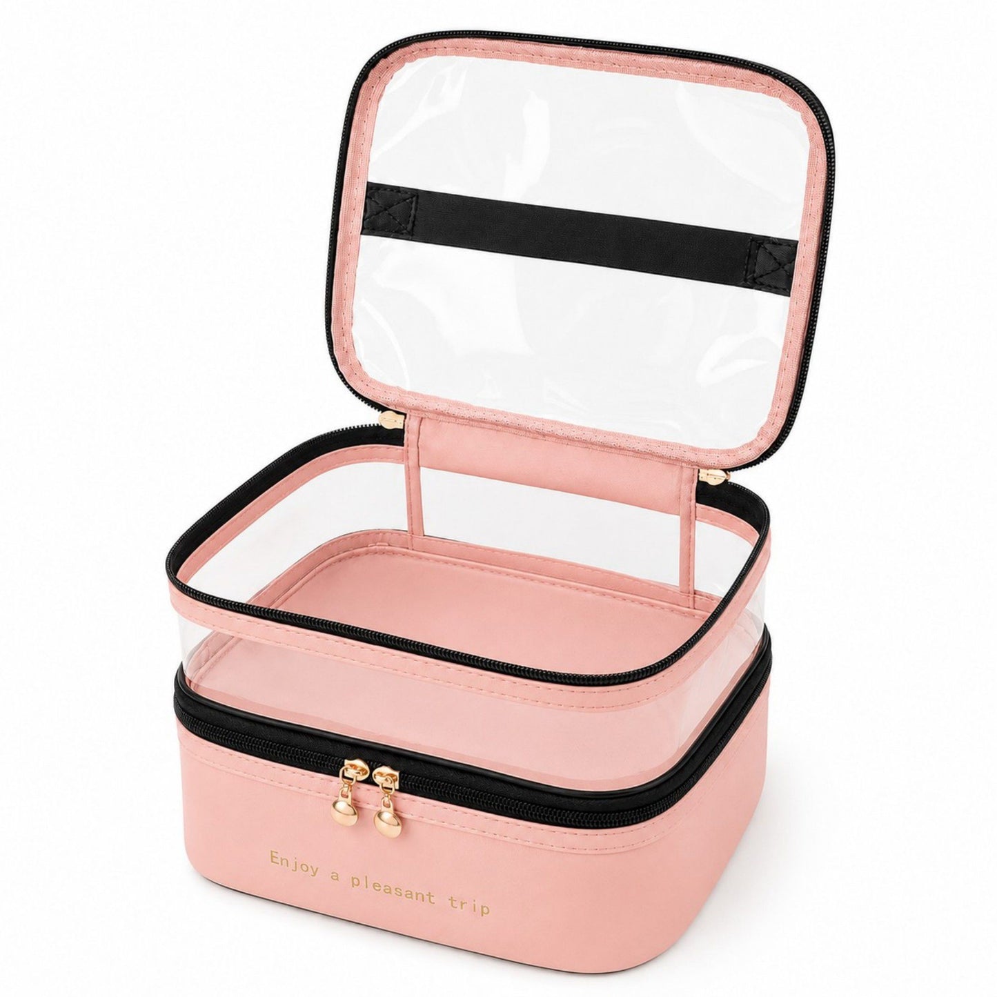 Two-Tier Clear Travel Makeup Bag with Handle for Toiletries and Beauty Storage