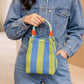 Small Striped Knit Bucket Bag with Rope Handles and Snap Closure