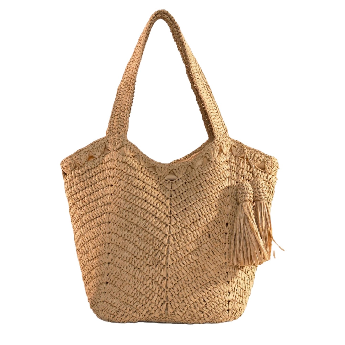 Tassel Straw Tote Bag with Zipper Closure for Beach and Travel