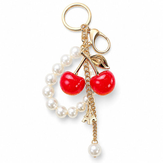 Cherry Bag Charm Keychain with Faux Pearl Loop and Gold-Tone Clips