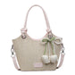 Women's Woven Mini Tote Crossbody Bag with Pearl Bow Charm and Strap