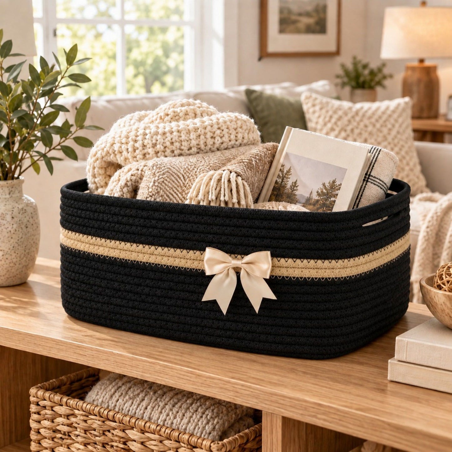 Woven Cotton Cord Rectangular Holiday Storage Basket with Bow