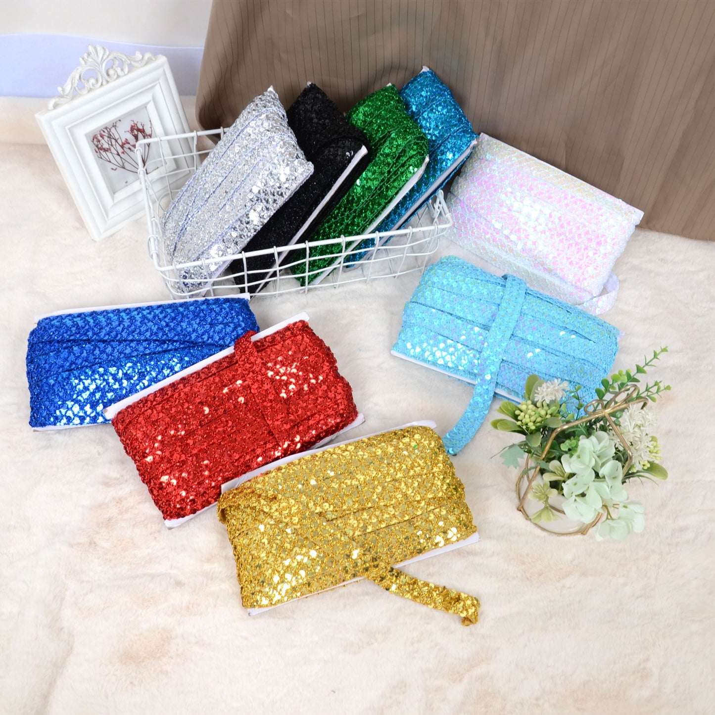 Sewing Sequin Trim 0.9 Inch 4 Row, 25 Yards Glitter Sequin Ribbon Metallic Stretch Bling Strip DIY Craft Decoration