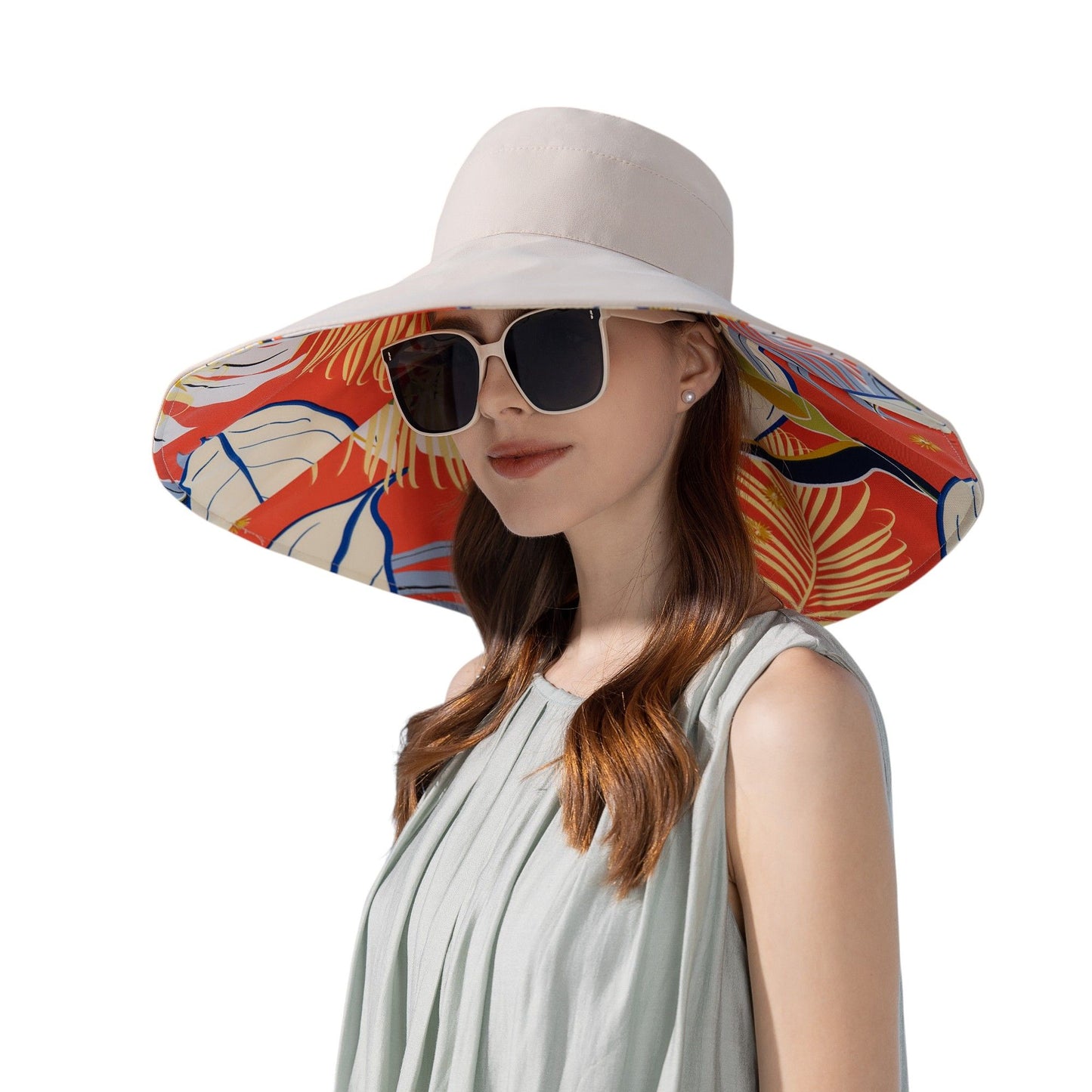 Wide Brim Floppy Sun Hat with Colorful Printed Underside UV Protection Lightweight Foldable Design for Outdoor Use