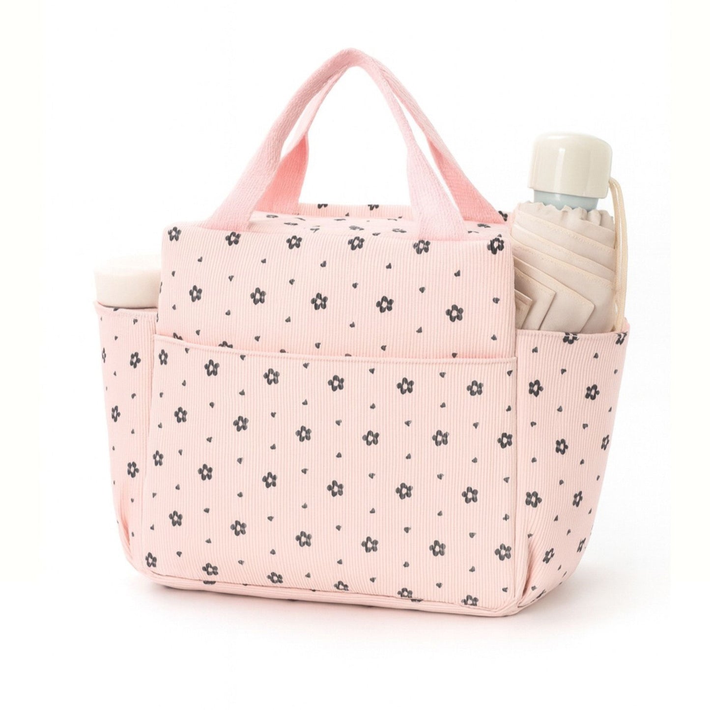 Corduroy Insulated Lunch Bag Large Capacity Floral Lunch Tote with Front and Side Pockets