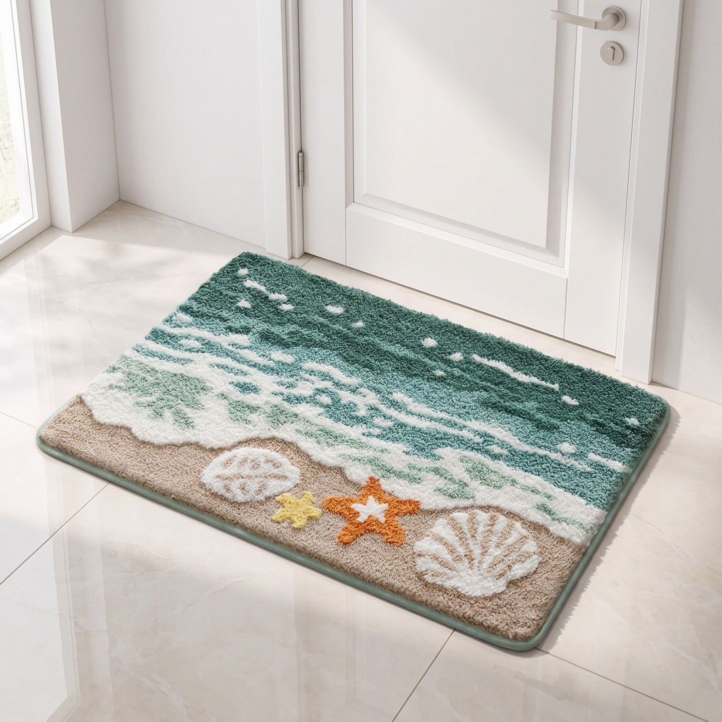 Coastal Ocean Wave Plush Bathroom Mat with Life Preserver and Seashell Design