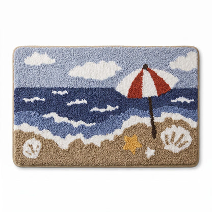 Coastal Beach Scene Plush Bathroom Mat with Umbrella and Ocean Wave Design