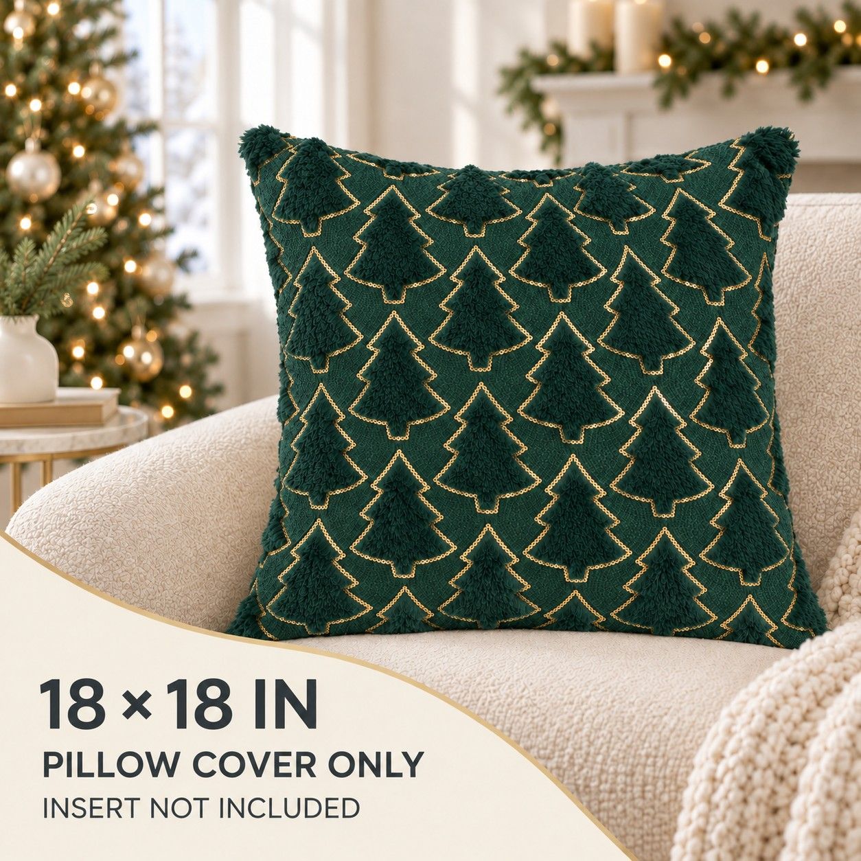 Plush Embroidered Christmas Tree Throw Pillow Cover 18 x 18 Inch Holiday Decor