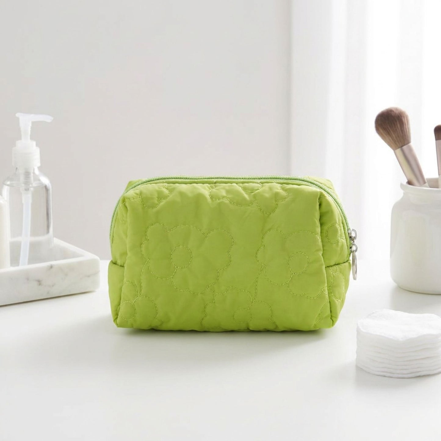 Floral Quilted Makeup Bag Large Capacity Cosmetic Toiletry Travel Pouch with Handle