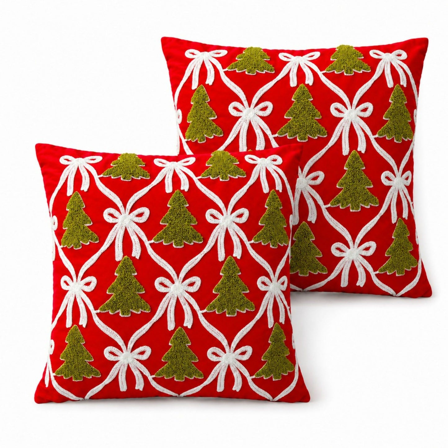2 Pack Christmas Tree Bow Embroidered Velvet Pillow Covers