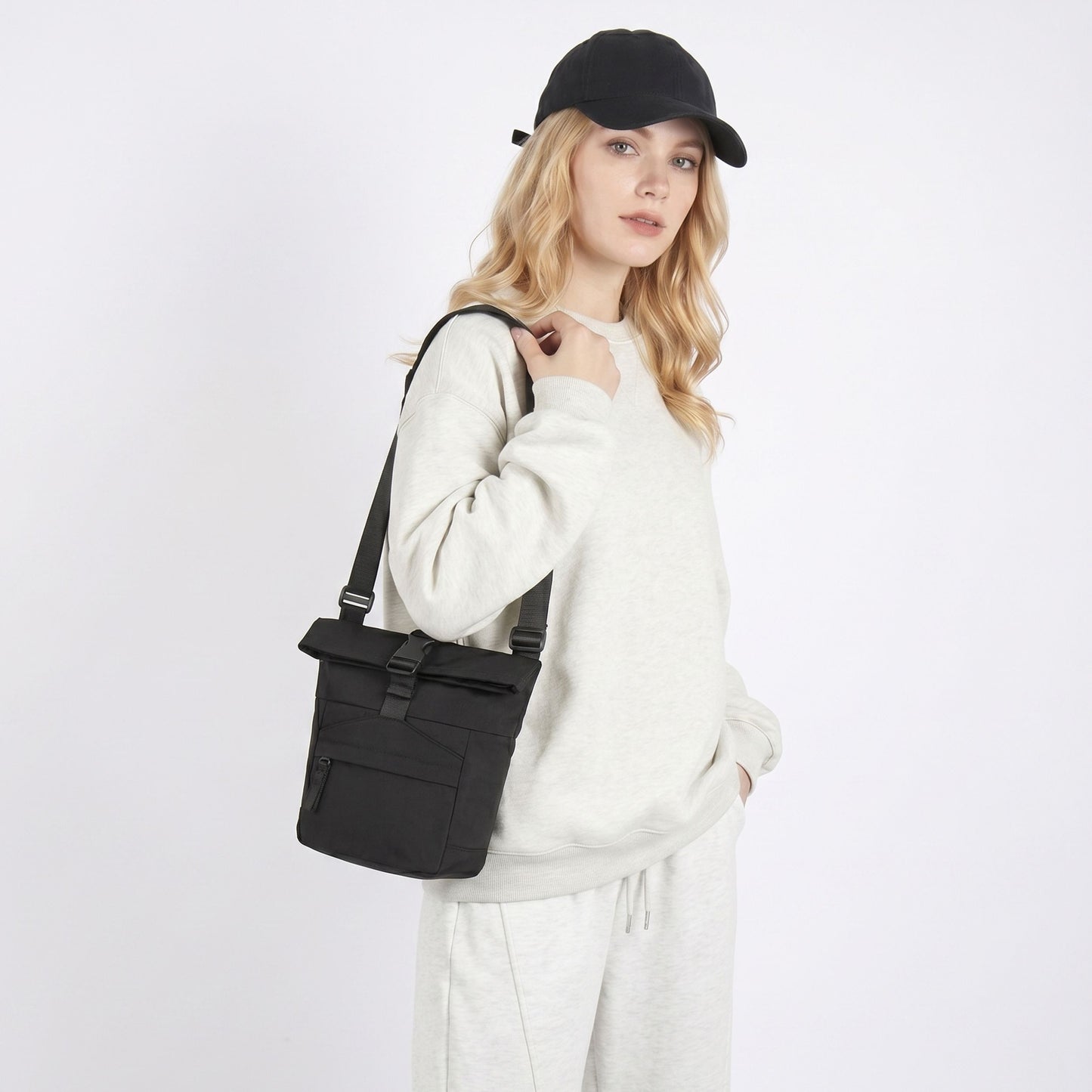 Water Resistant Nylon Crossbody Bucket Bag Adjustable Strap Multi Pocket Everyday Travel Bag