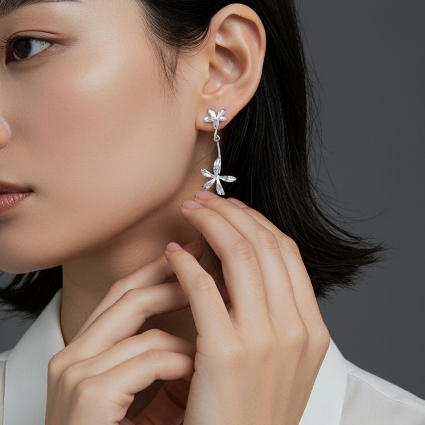 Women's Double Layer Flower Drop Earrings with Metallic Petal Design