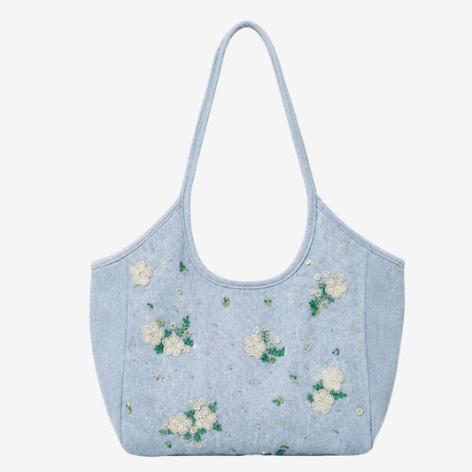 Embroidered Denim Tote Bag for Women, Casual Everyday Carry