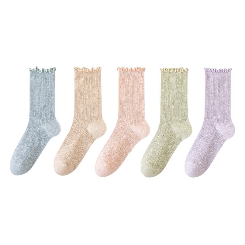 Ribbed Crew Socks with Ruffle Lettuce Trim Soft Stretch Knit Comfortable Everyday 5-Pack