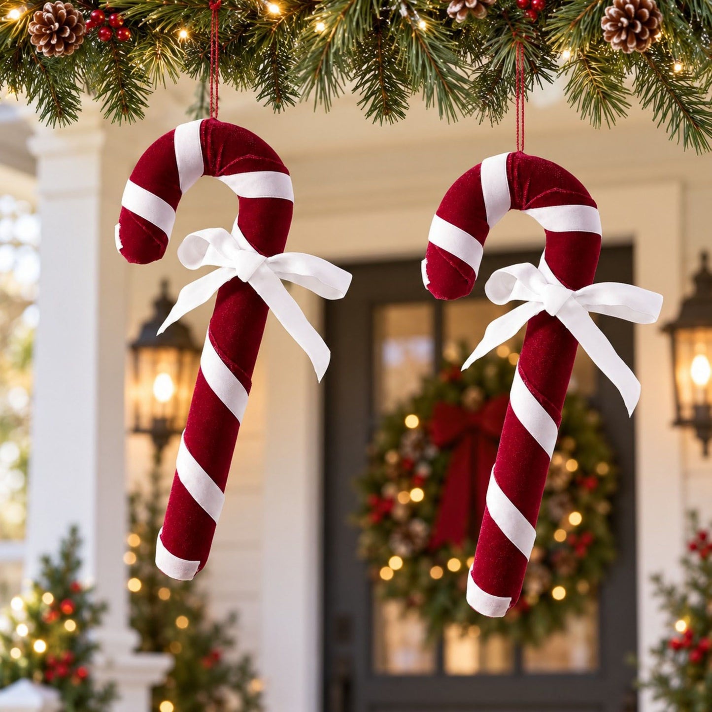 2ct Christmas Candy Cane Hanging Decorations with Bows Red Green and White