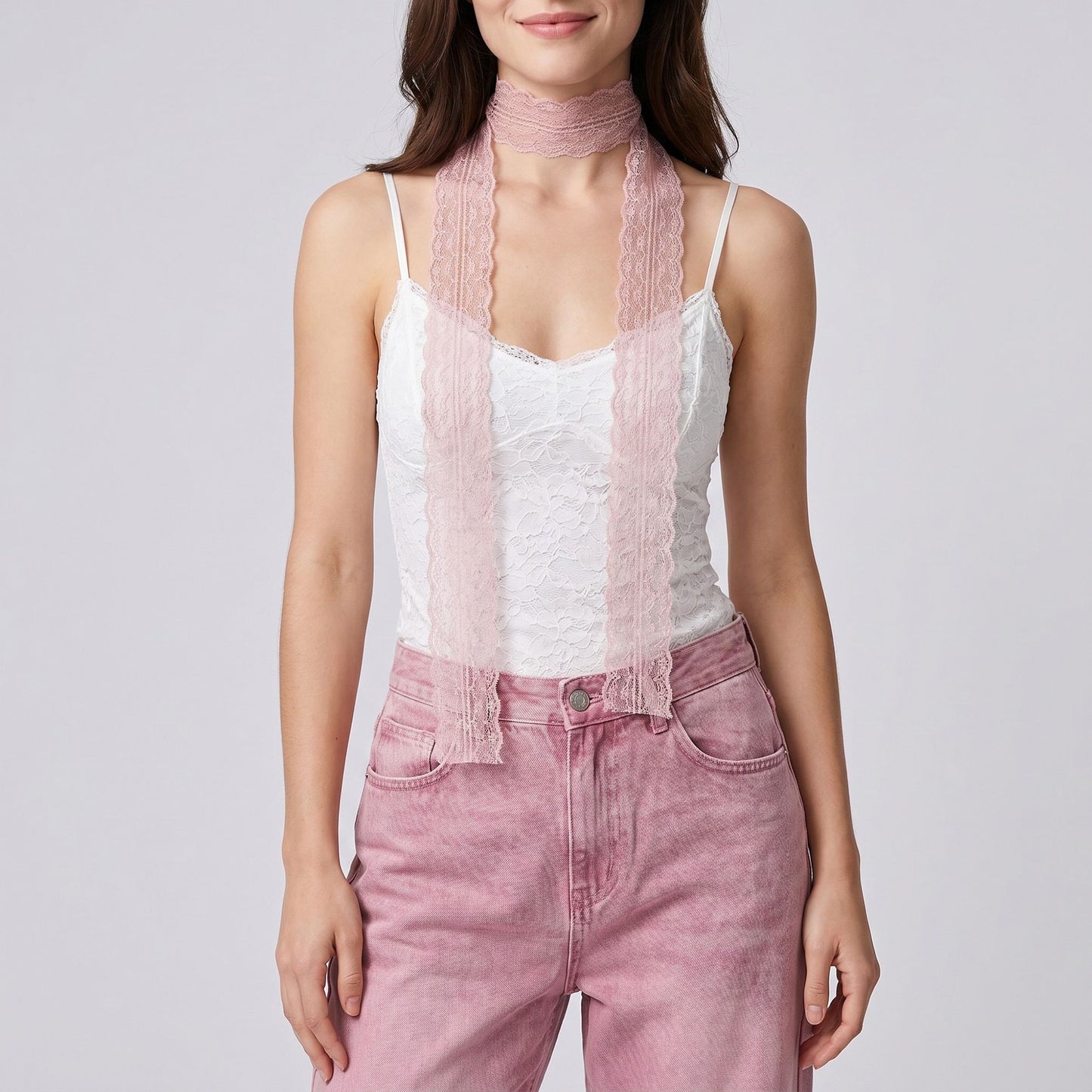 Sheer Lace Skinny Scarf with Scalloped Edges and Long Narrow Neck Tie Design