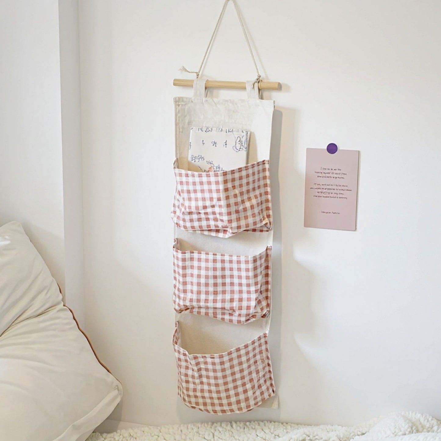 Hanging Wall Organizer with Three Pockets and Brown Gingham Pattern 19x7.8 in