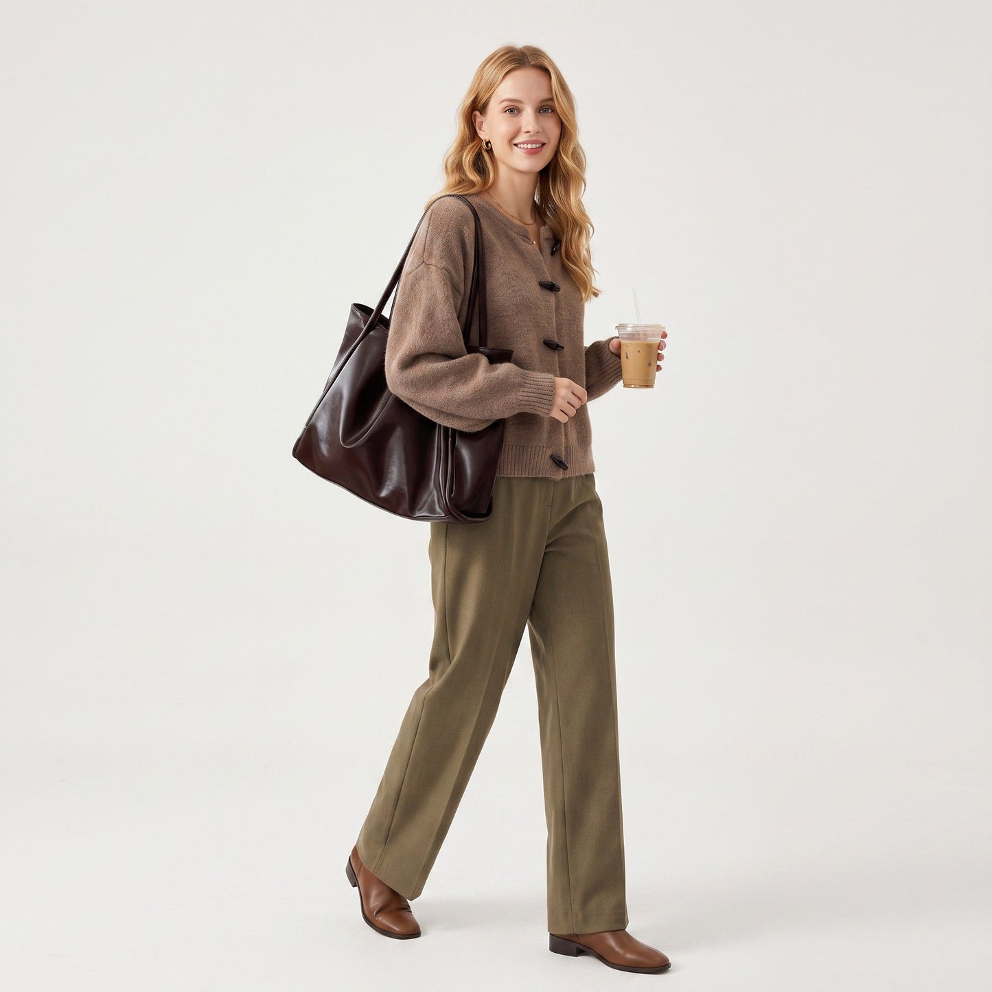 Large Faux Leather Tote Bag with Double Shoulder Straps and Magnetic Closure