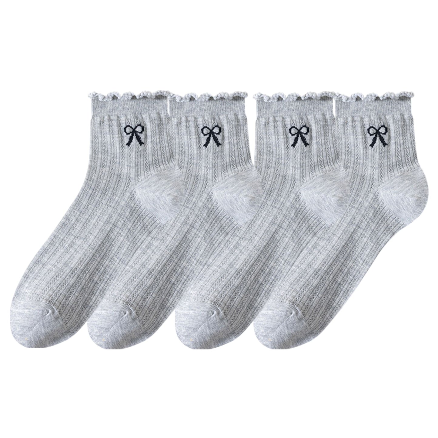 4-Pair Pack Sheer Ribbed Ankle Socks with Ruffled Trim and Embroidered Bow Detail in Multiple Color Combinations