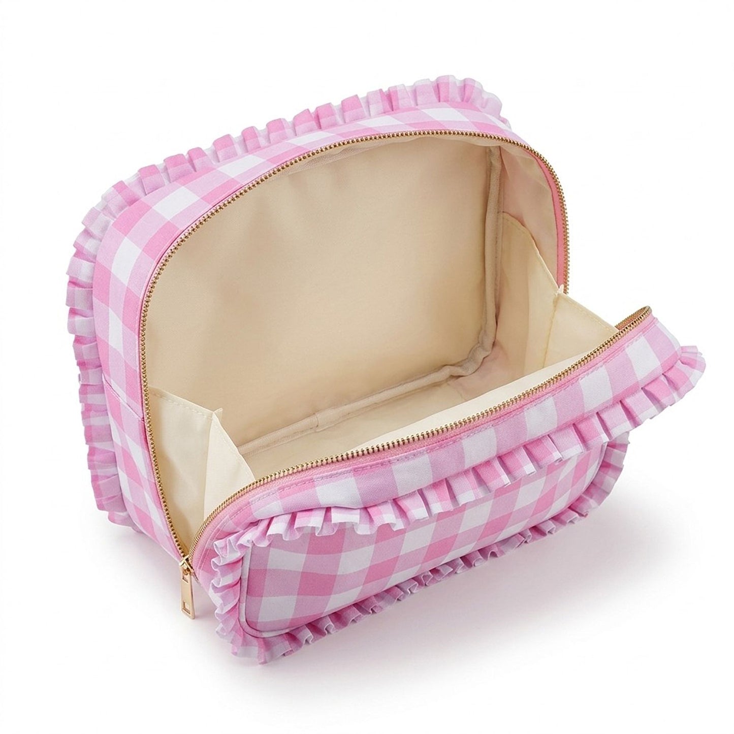 Ruffle Trim Travel Makeup Bag with Zipper Closure