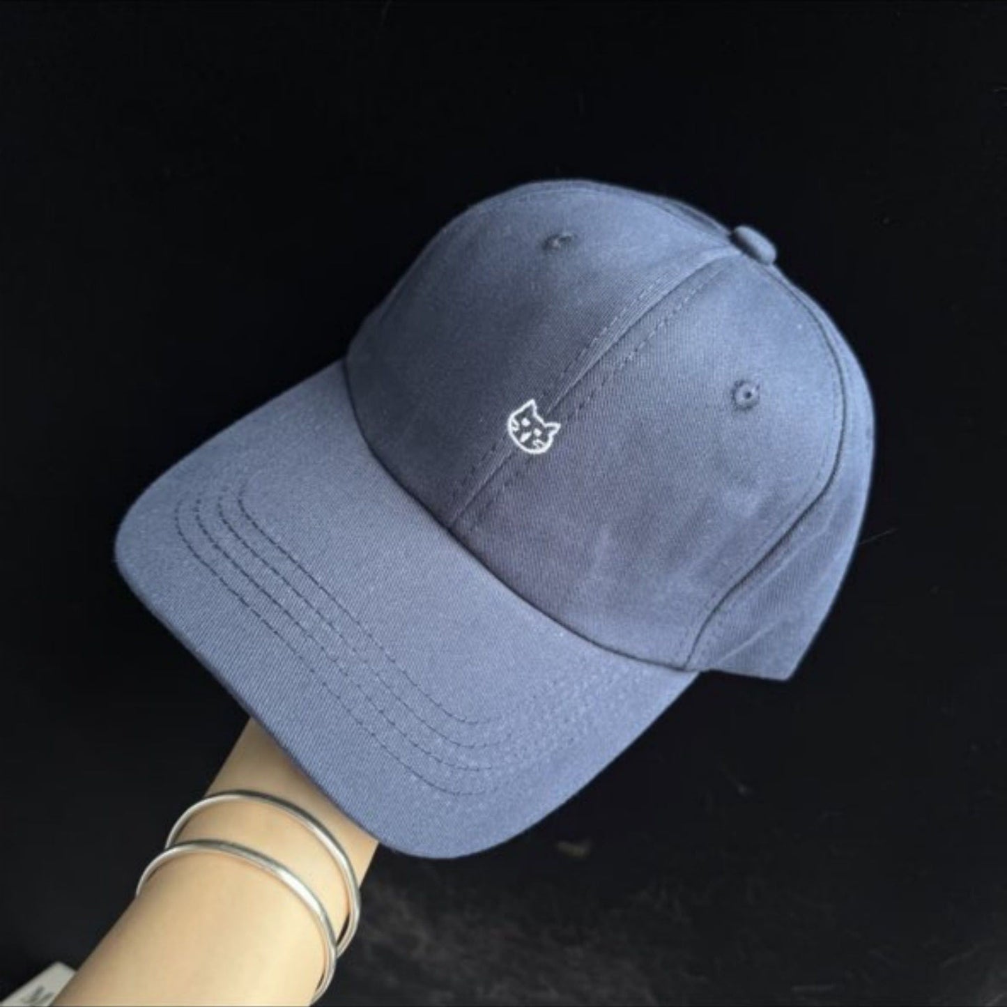 Embroidered Cat Face Baseball Cap with Curved Brim and Adjustable Strap