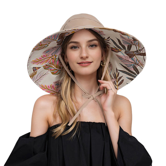 Wide Brim Sun Hat with Ponytail Hole Neck Tie Closure and Patterned Lining for UV Protection and Outdoor Style