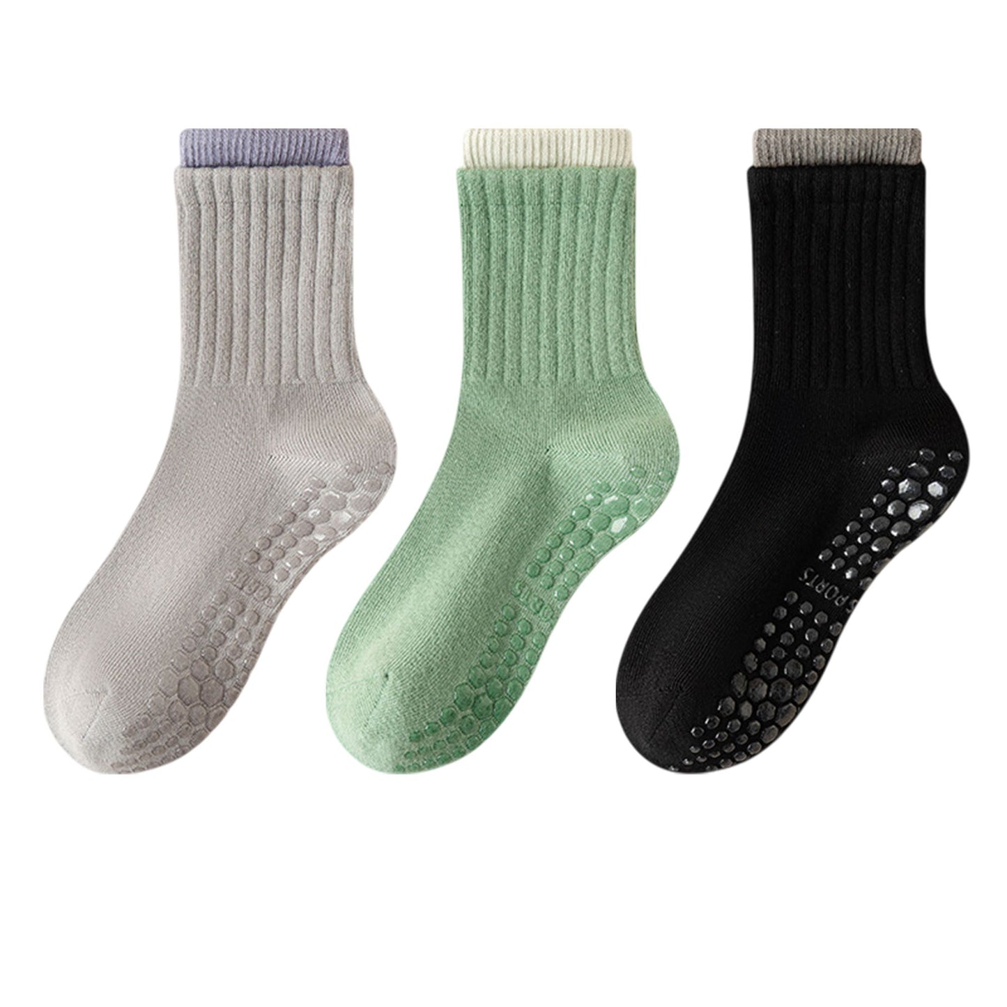 Womens Non-Slip Grip Crew Socks 3 Pair Pack Custom Color Combos Soft Ribbed Cotton with 3D Silicone Heel