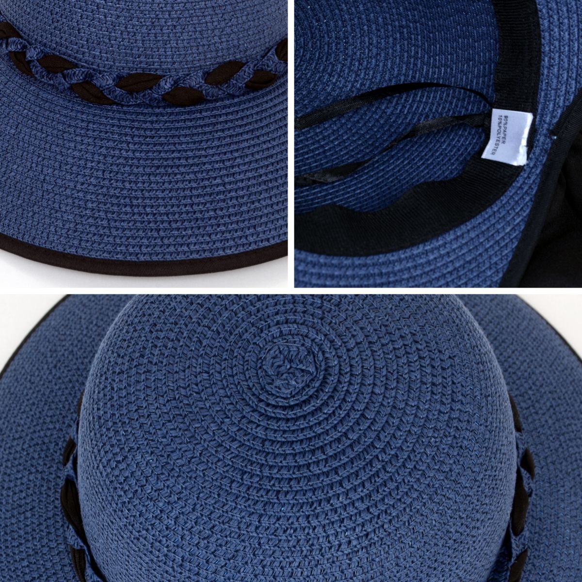 Women's Wide Brim Straw Hat with Braided Band and Contrast Bow Detail