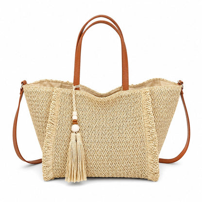Fringe Woven Tote Bag with Detachable Strap Zip Closure and Tassel Accent