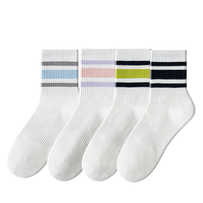 Crew Socks 4-Pack White Base Colorful Ribbed Cuff Striped Design Stretch Comfort Breathable Fit