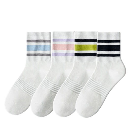 Crew Socks 4-Pack White Base Colorful Ribbed Cuff Striped Design Stretch Comfort Breathable Fit