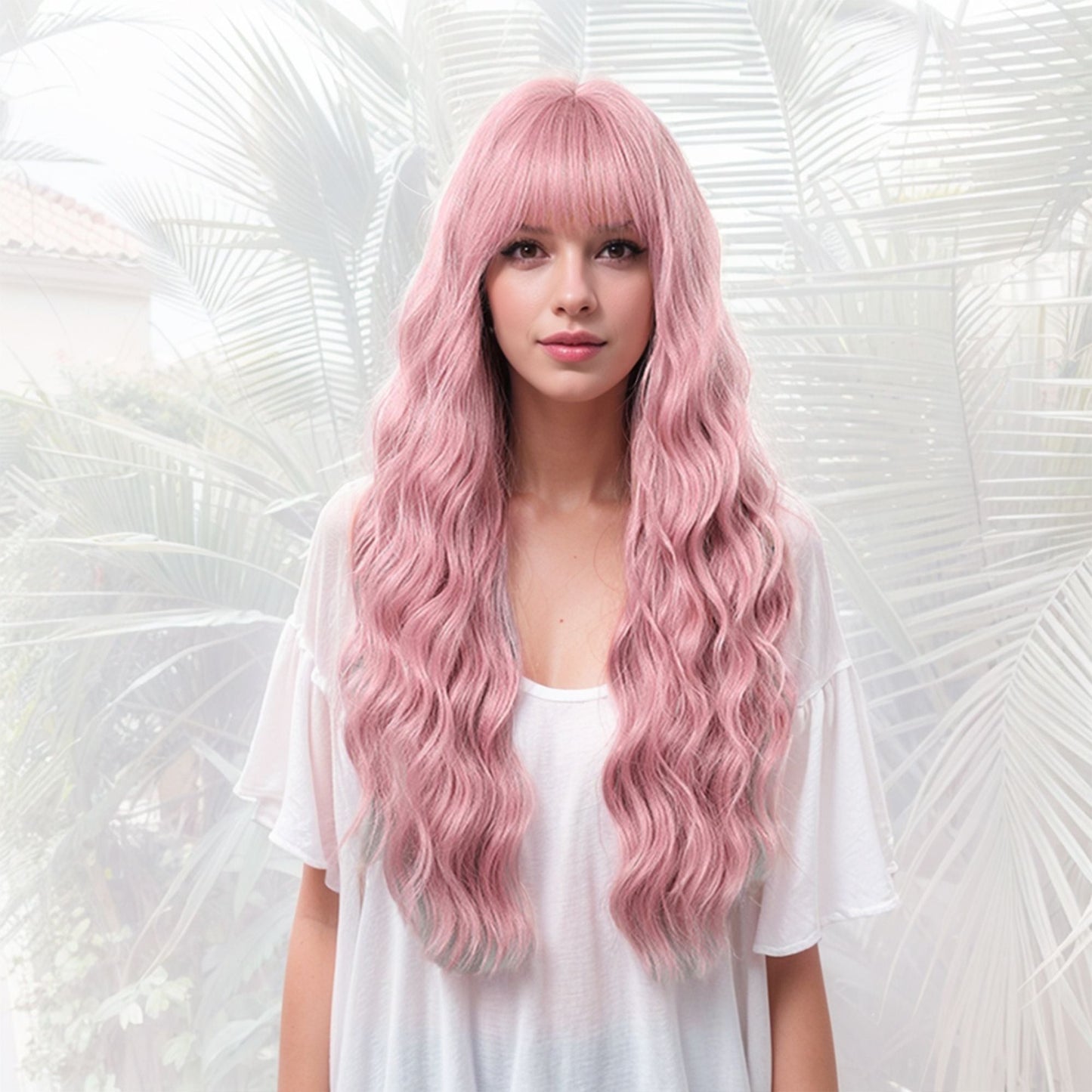 Long White Blonde Synthetic Wig with Bangs Natural Long Wavy Cosplay Wigs Daily Use