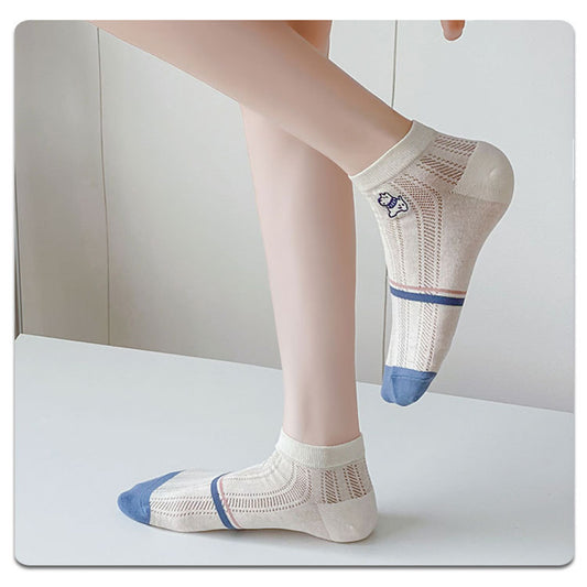 4 Pairs Low-Cut Mesh Knit Cotton Socks Cute Pattern Breathable Stretch for Everyday Casual Wear