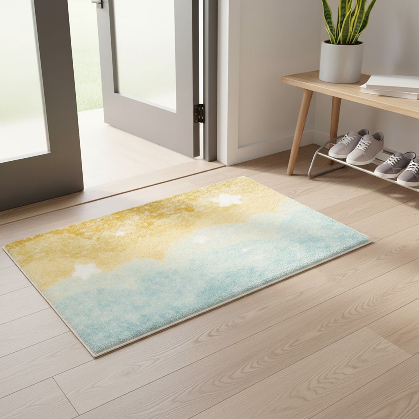 Tufted Floor Mat with Ocean Wave and Cloud Design Non Slip Backing Soft Plush Decorative Indoor Rug