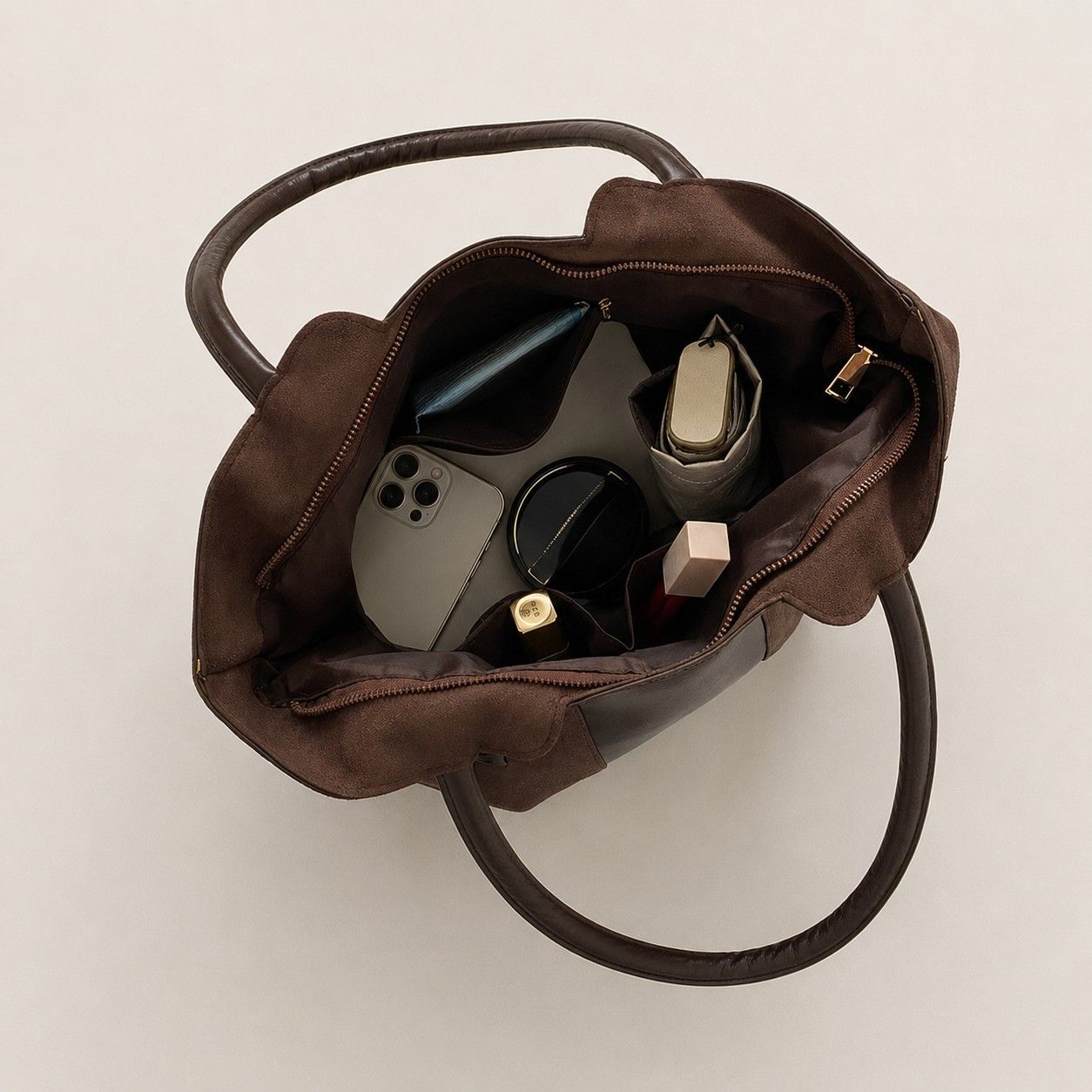 Faux Suede Tote Bag with Double Shoulder Handles Zip Closure and Interior Pockets