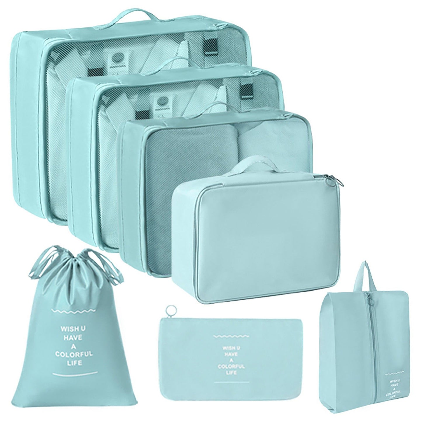 Travel Packing Organizer Set with Mesh Cubes Drawstring Bag Zipper Pouch Lightweight Storage Set