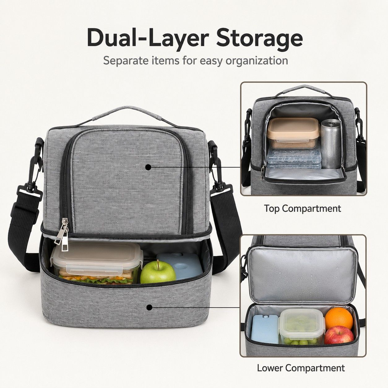Dual Compartment Insulated Lunch Bag with Adjustable Shoulder Strap