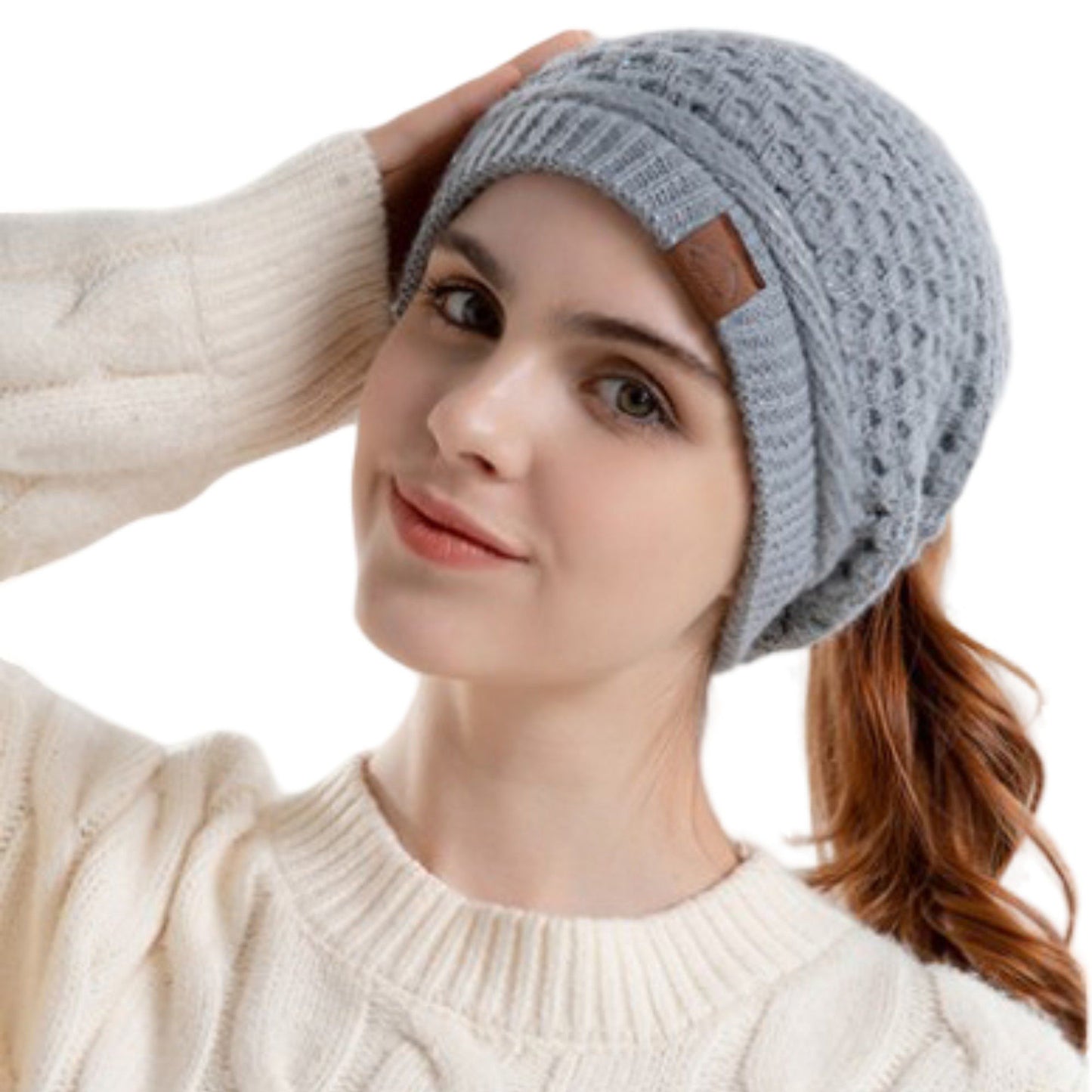 Womens Knit Beanie Hat with Ponytail Opening Soft Slouchy Winter Cap