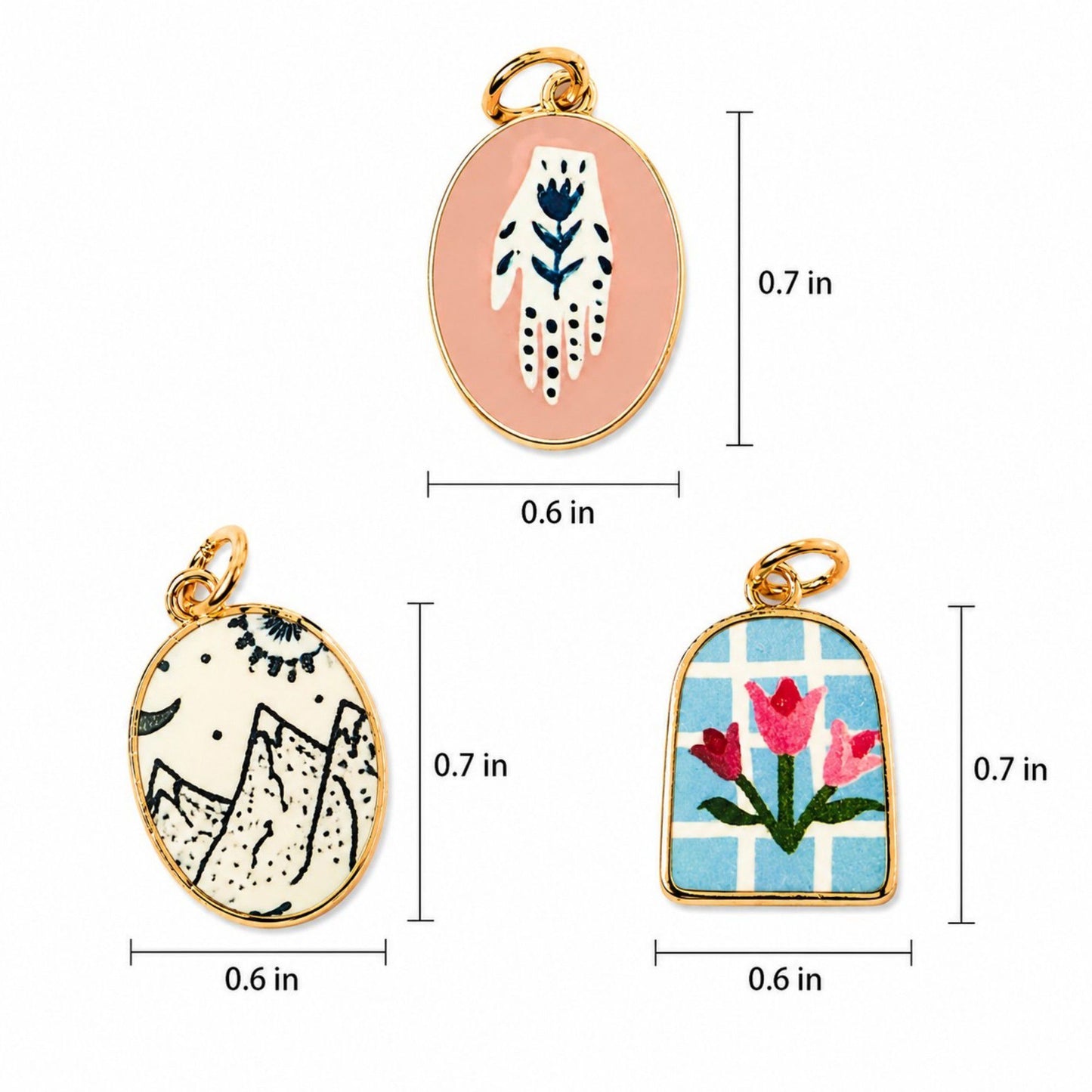 3pc Scenic Artwork Keychain Bag Charm Set with Gold Tone Trim for Bags and Keys