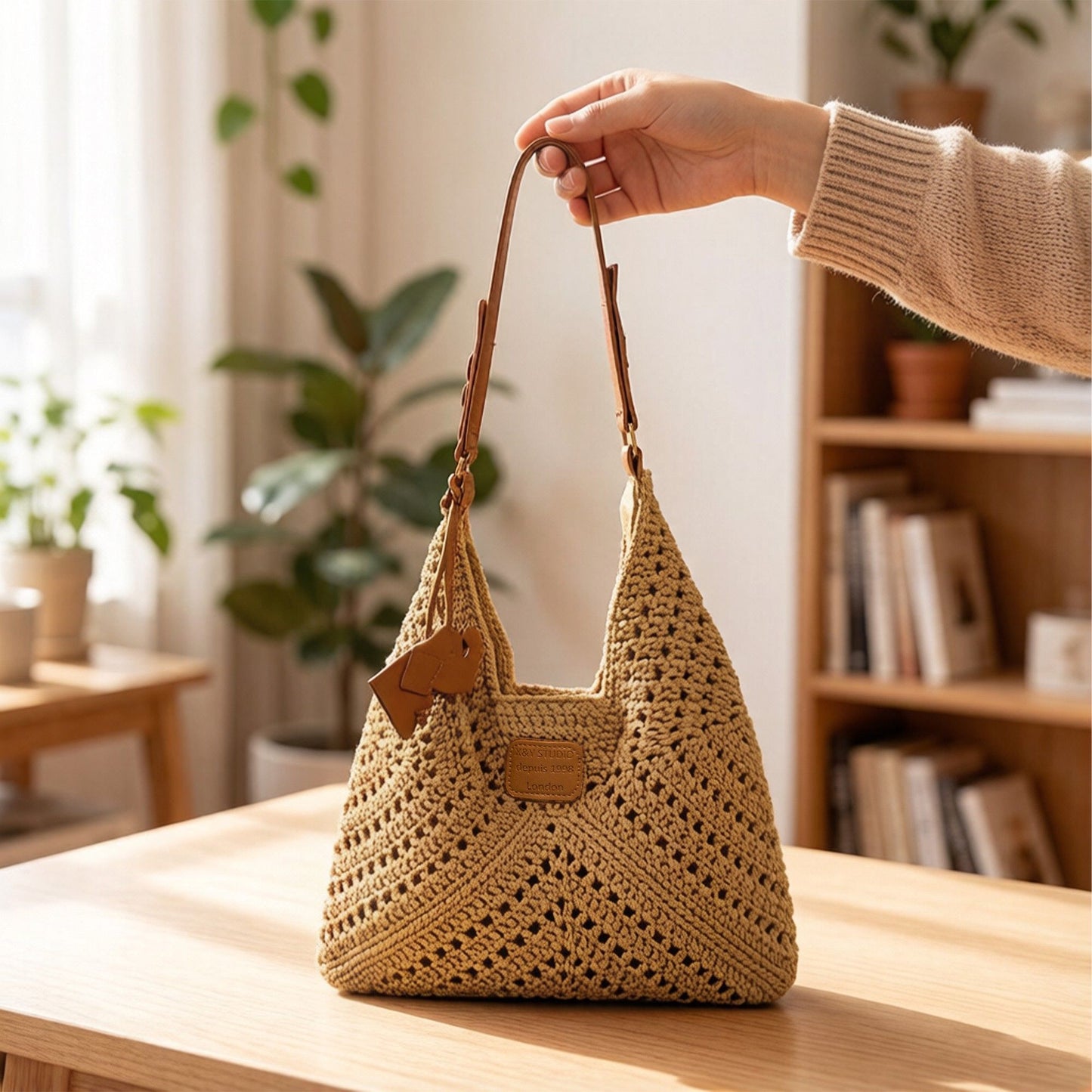 Woven Crochet Shoulder Bag with Leather Strap Slouchy Hobo Handbag Lightweight Knit Tote