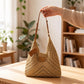 Woven Crochet Shoulder Bag with Leather Strap Slouchy Hobo Handbag Lightweight Knit Tote