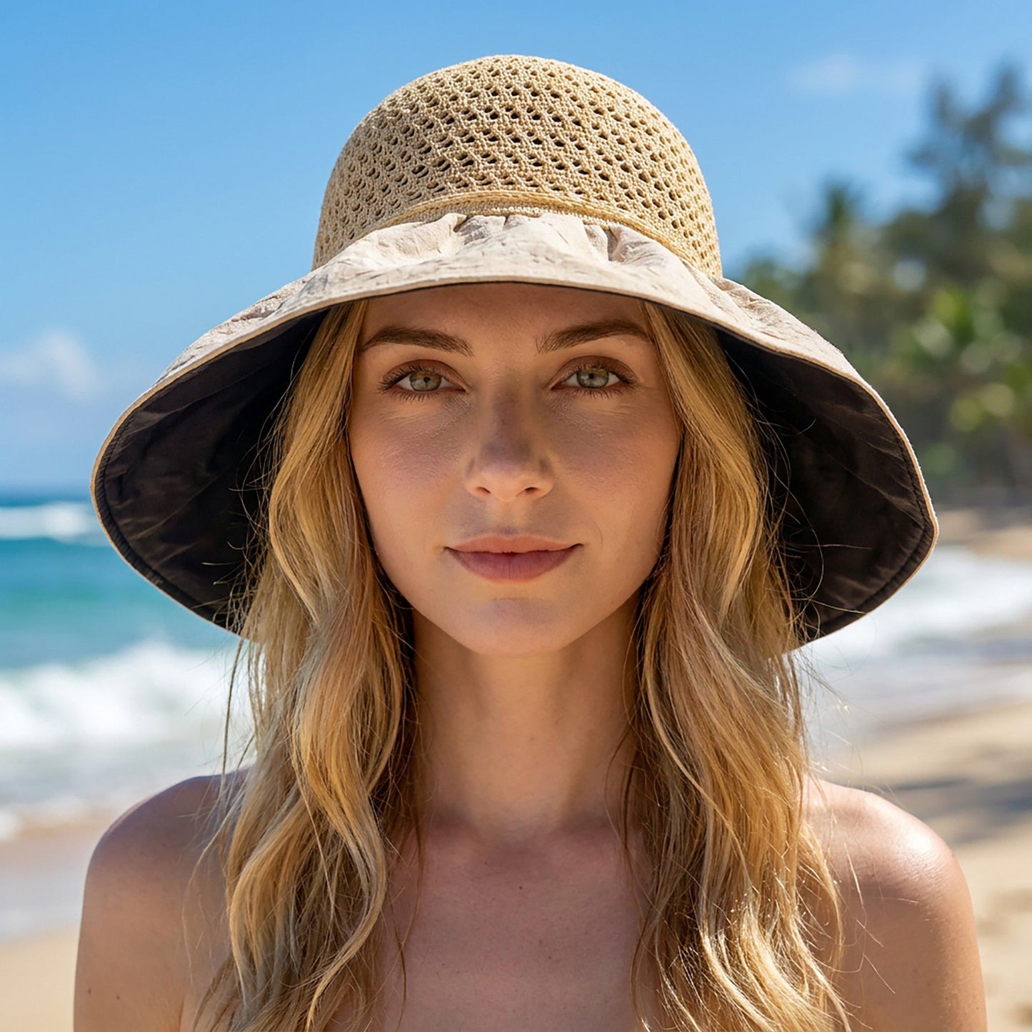 Wide Brim Crochet Sun Hat with Bow Accent and Textured Fabric Brim
