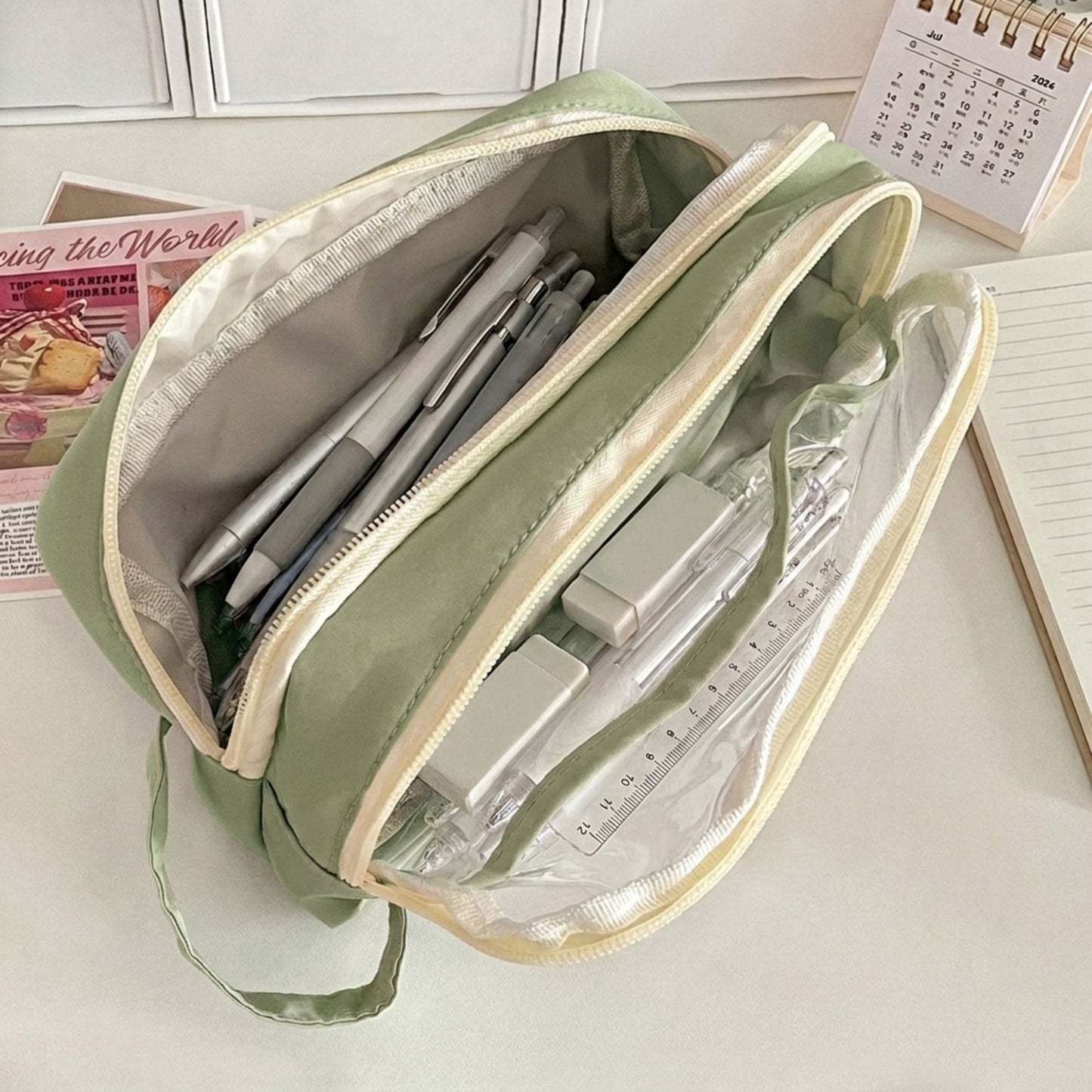 Large Capacity Clear Pencil Case Double Compartment Zipper Pouch with Handle