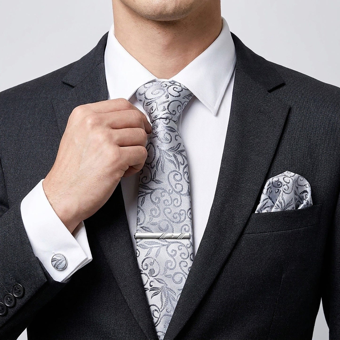 Men's Baroque Floral Tie Gift Set with Matching Pocket Square Cufflinks and Silver Tie Clip