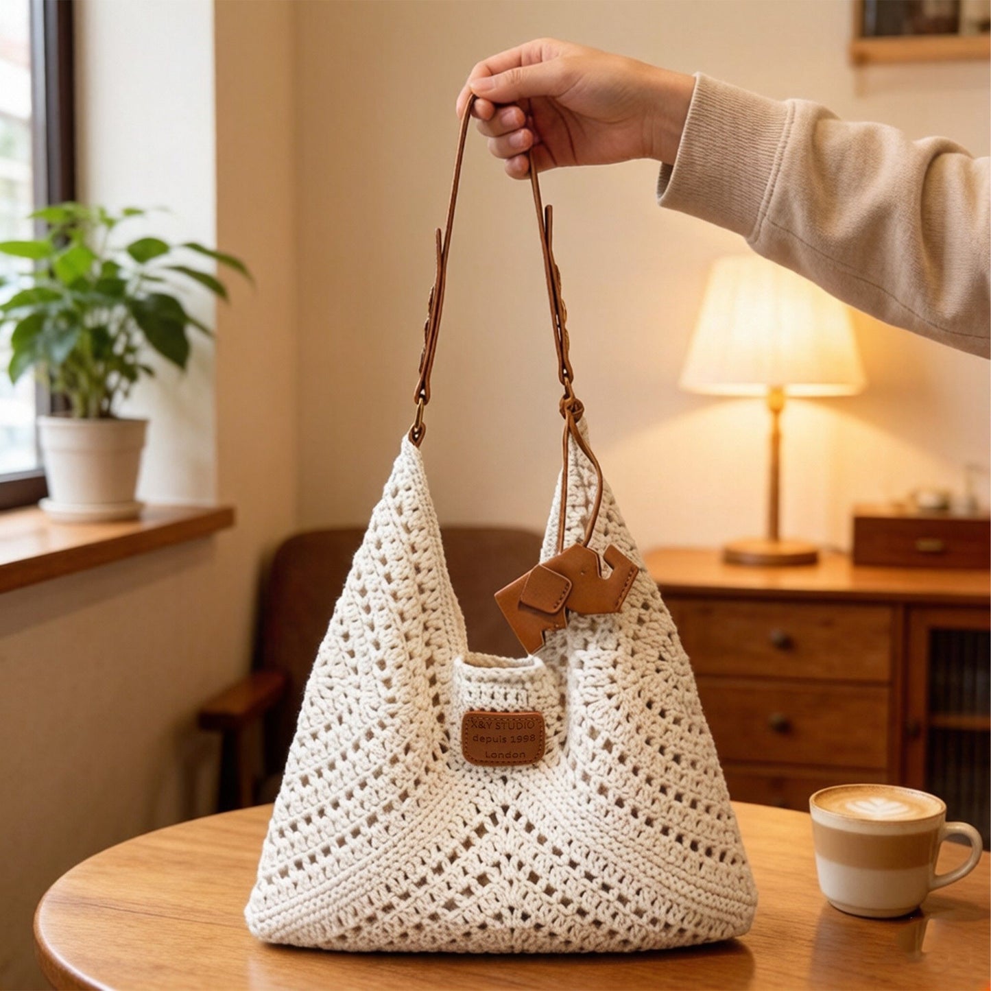 Woven Crochet Shoulder Bag with Leather Strap Slouchy Hobo Handbag Lightweight Knit Tote