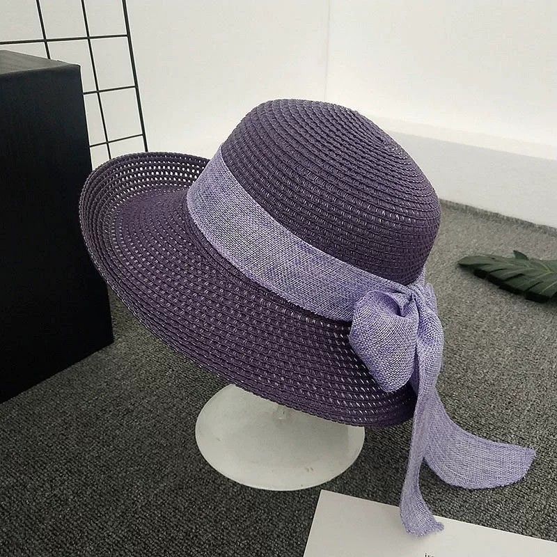 Women Straw Sun Hat Wide Brim Woven Beach Hat Bow Tie Detail Breathable Summer Hat