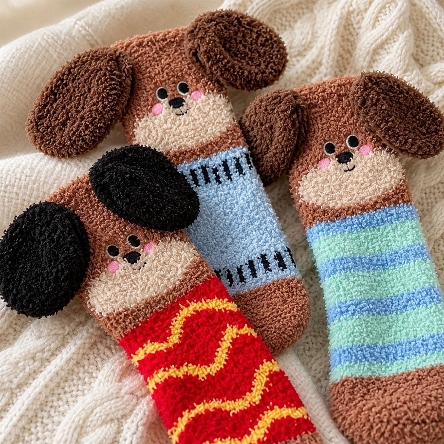 Puppy Fuzzy Crew Socks 3-Pair Set US 5-10.5
