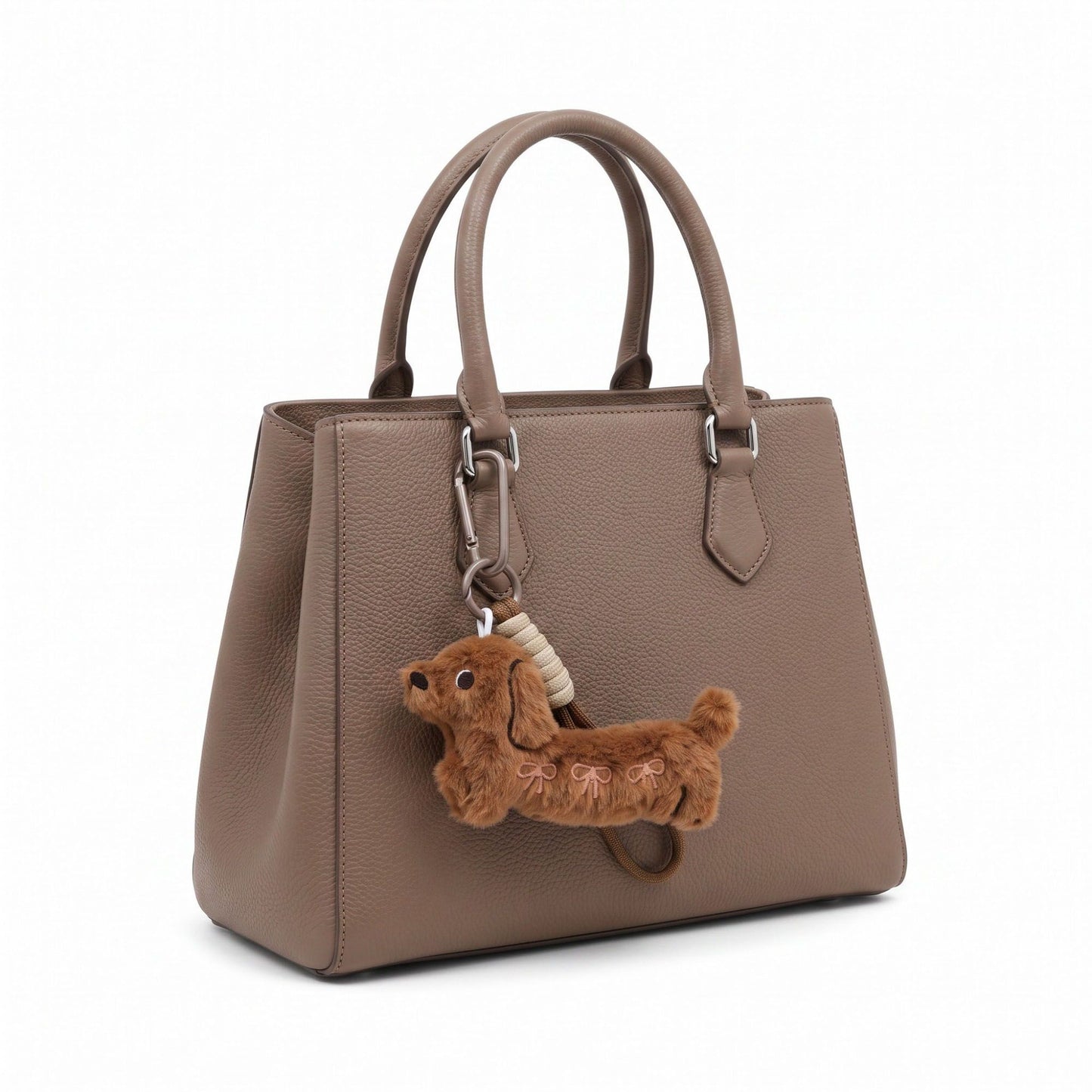 2-Piece Dachshund Plush Bag Charm Keychain Bow Embroidery Rope Loop Purse Accessory