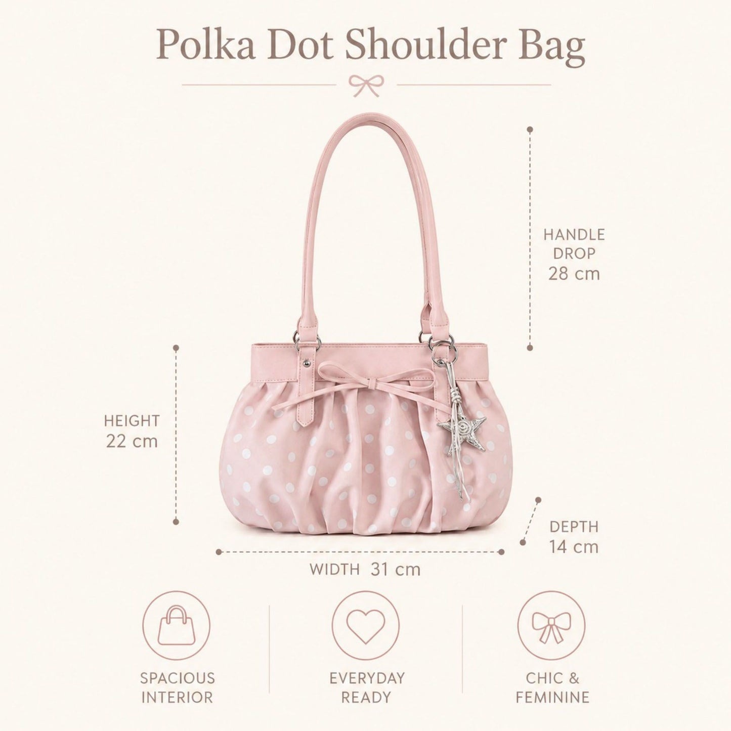 Polka Dot Ruched Shoulder Bag with Bow Detail and Metal Charm